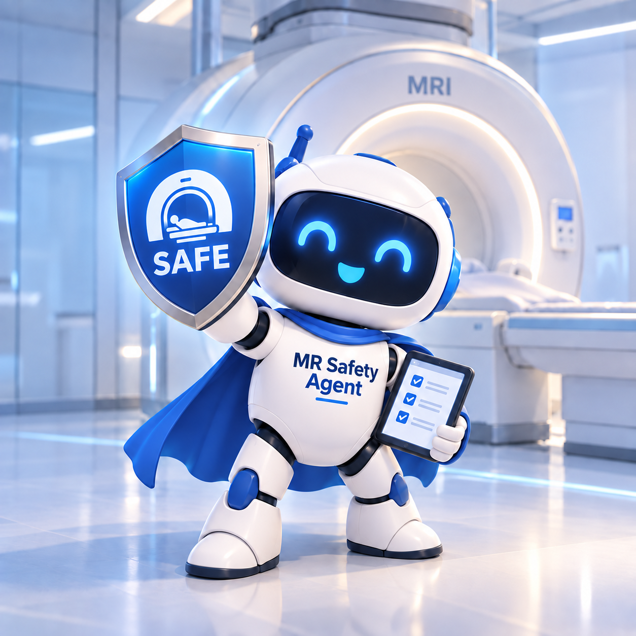 MR Safety Agent mascot holding a blue shield in front of an MRI scanner